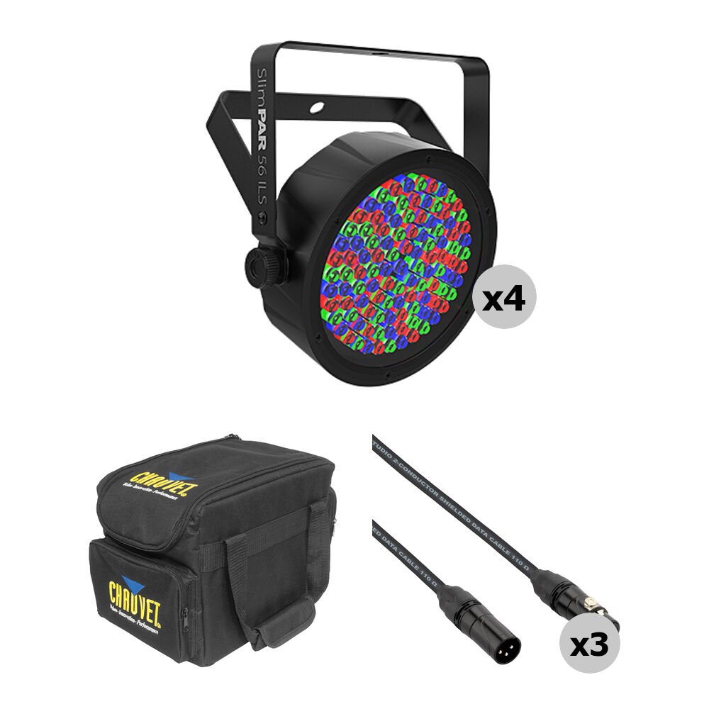 CHAUVET DJ SlimPAR 56 RGB ILS Kit de Luces LED PAR Wash (4-Pack) con Cables DMX y Bolsa de