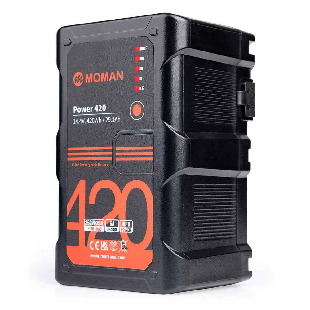Moman Batería V-Mount 420Wh Lithium-Ion - 250W, 2 D-Tap Outputs, Carga Rápida 100W