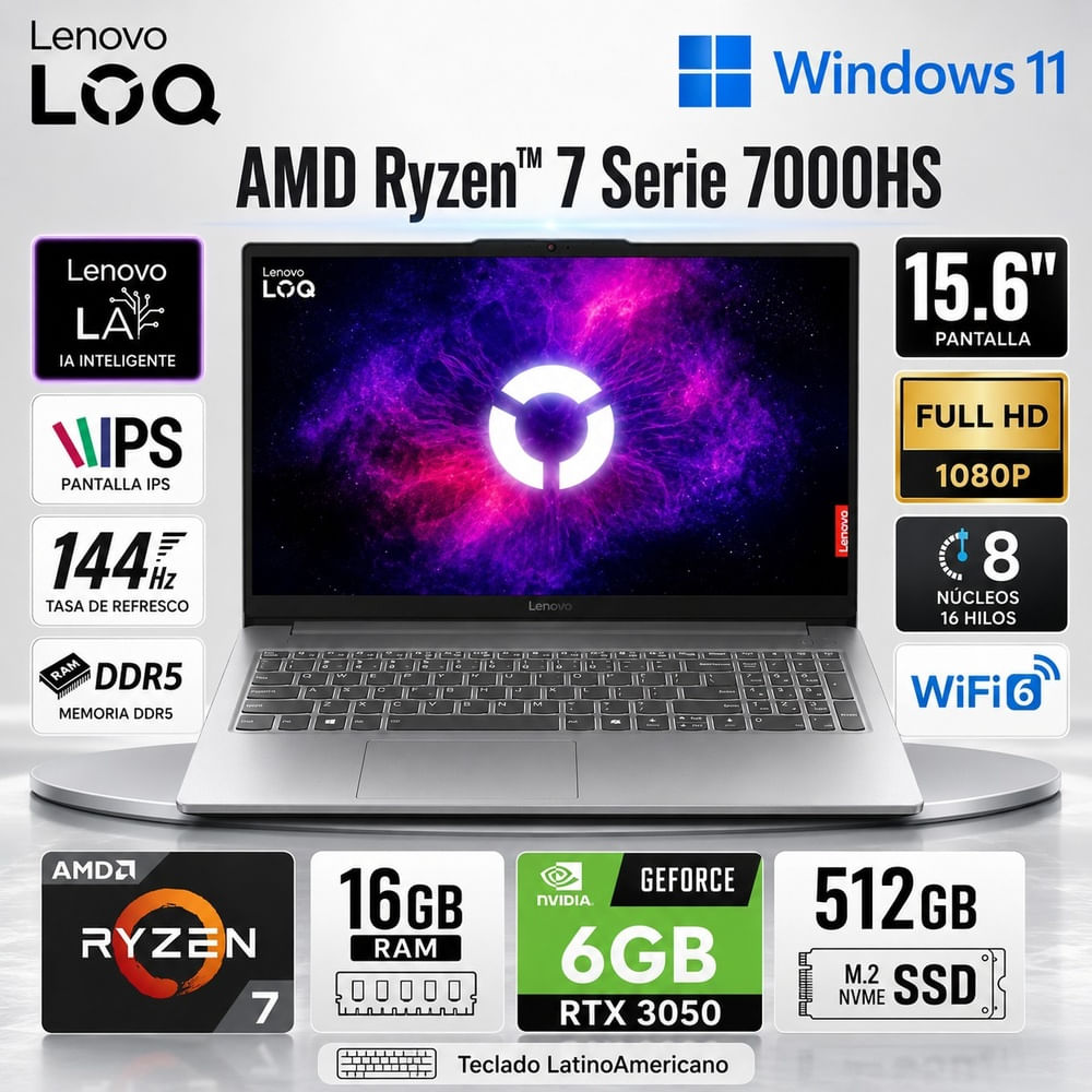 Laptop Lenovo AMD Ryzen 7 7735HS 16GB RAM 512GB SSD RTX 3050-6GB 15.6 FHD -   83S00049LM