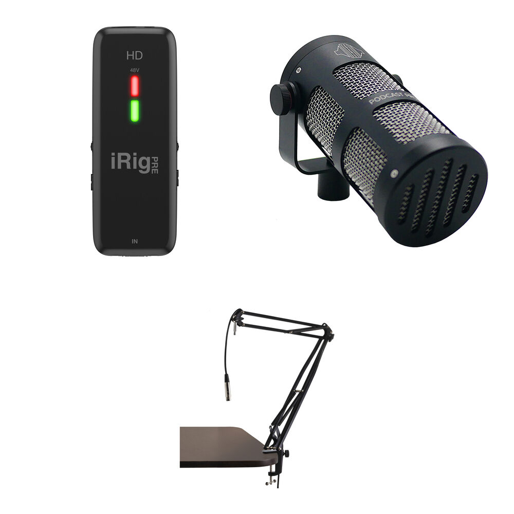 IK Multimedia iRig Pre HD Kit con Micrófono Sonotronics PODCAST PRO y Brazo de Soporte