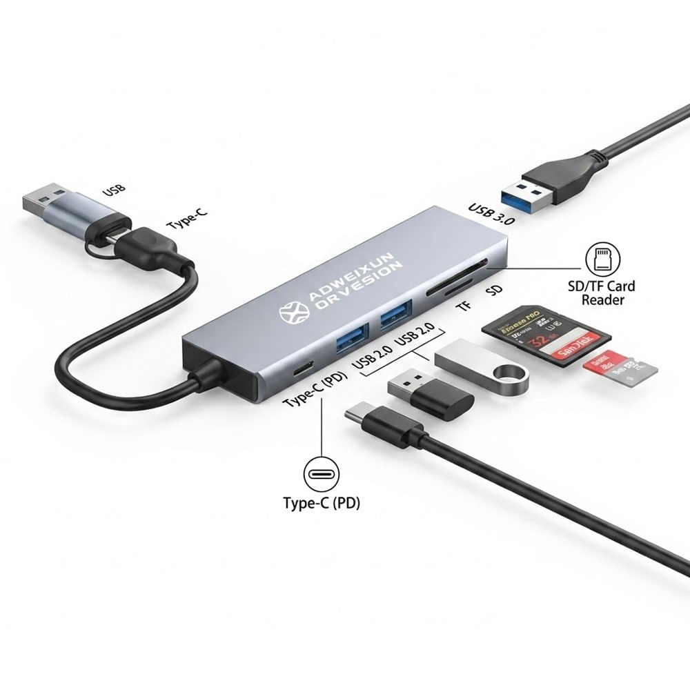 Hub Adaptador Multipuertos 6 en 1 Tipo-C y USB a USB 3.0 SD-TF y PD 100W