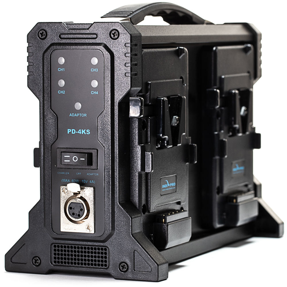 IndiPRO Tools Cargador Cuádruple Pro V-Mount - Carga Simultánea de 4 Baterías, 2.5A por