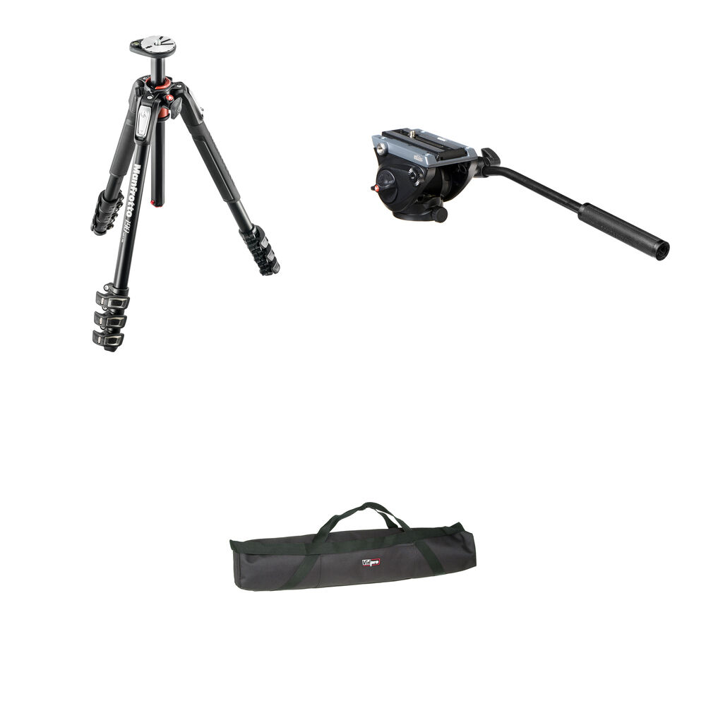 Manfrotto MVH500AH Cabezal de Fluido con Base Plana y Trípode MT190XPRO4 con Columna Cent