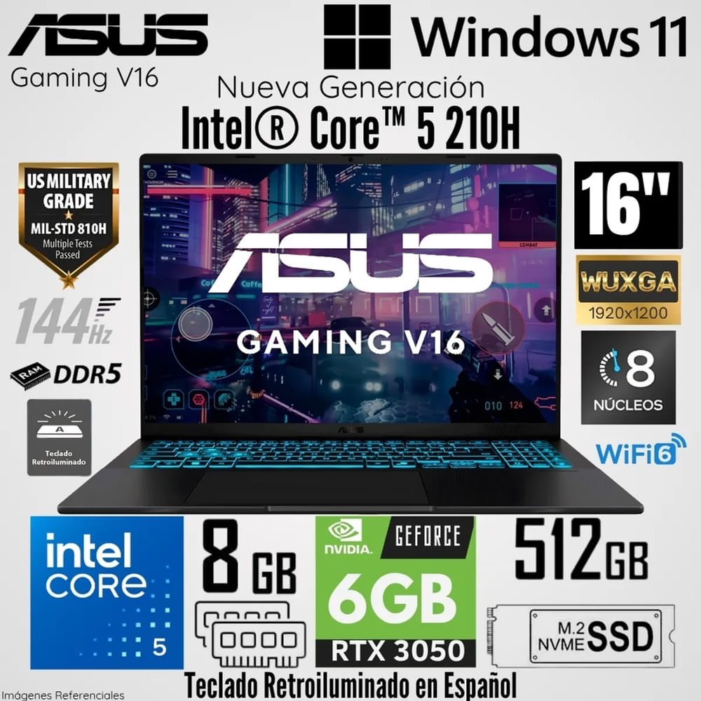 Laptop ASUS Gaming V16  Intel Core 5 210H 8GB RAM 512GB SSD RTX 3050 6GB 16  WUXGA V3607VJ-RP067W