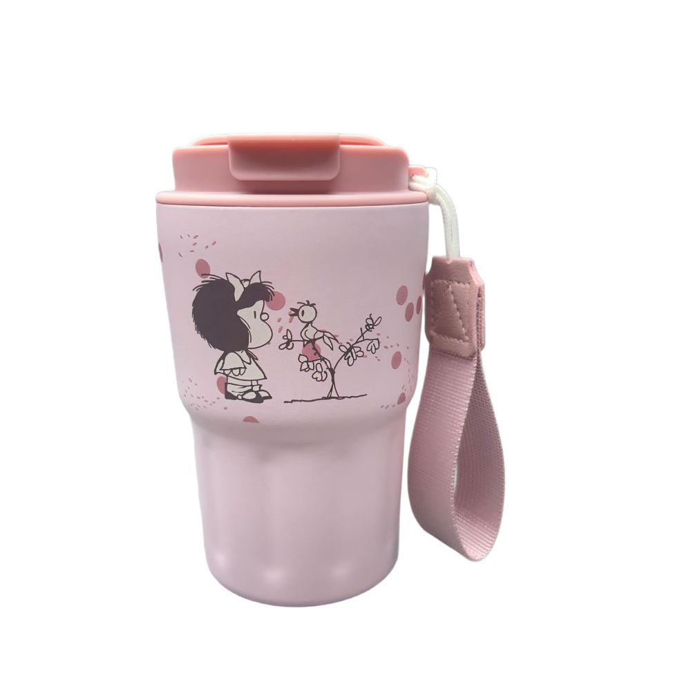 Mug Vaso Acero Termico Mafalda Con Correa Rosado 360 ML