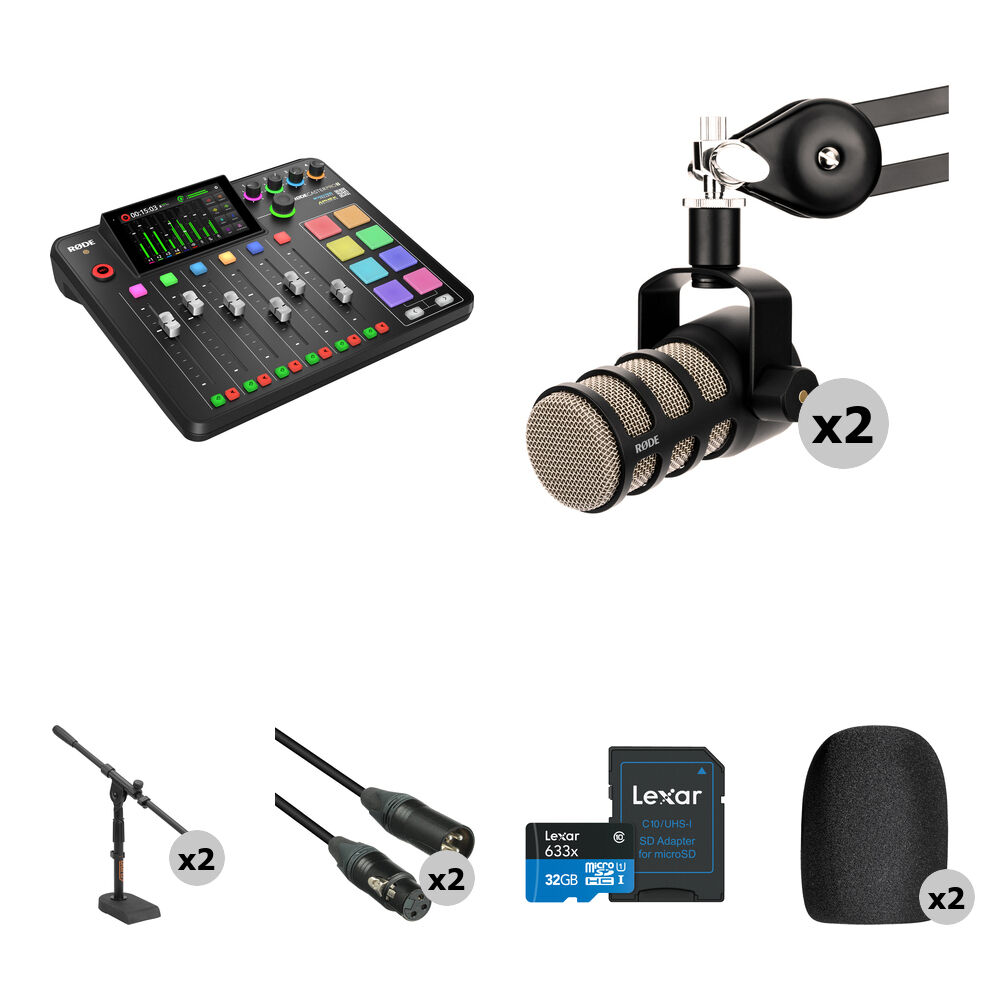 RODE RODECaster Pro II Kit de Podcasting para 2 Personas con 2 PodMic y Soportes de Escrit
