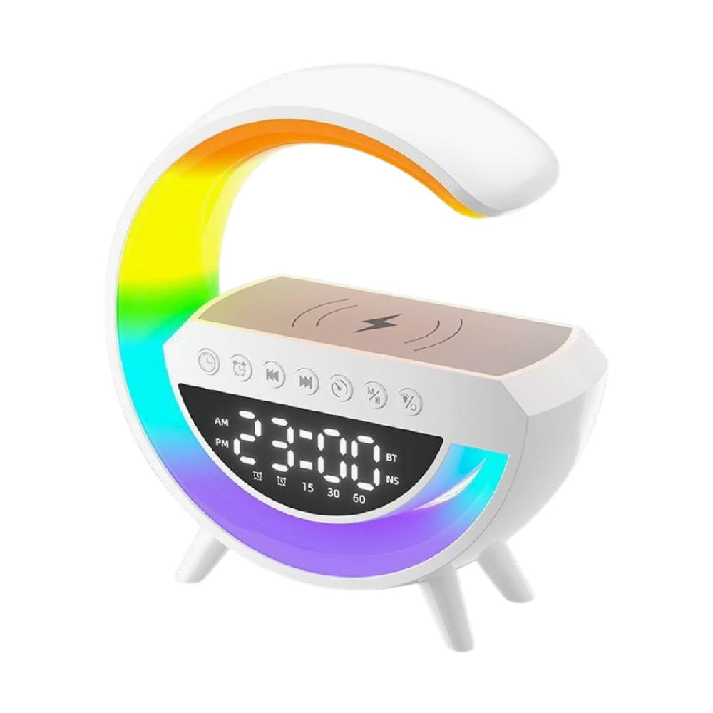 PARLANTE BLUETOOTH 6 EN 1 CON CARGADOR INALAMBRICO LAMPARA LED RGB Y RELOJ DIGITAL