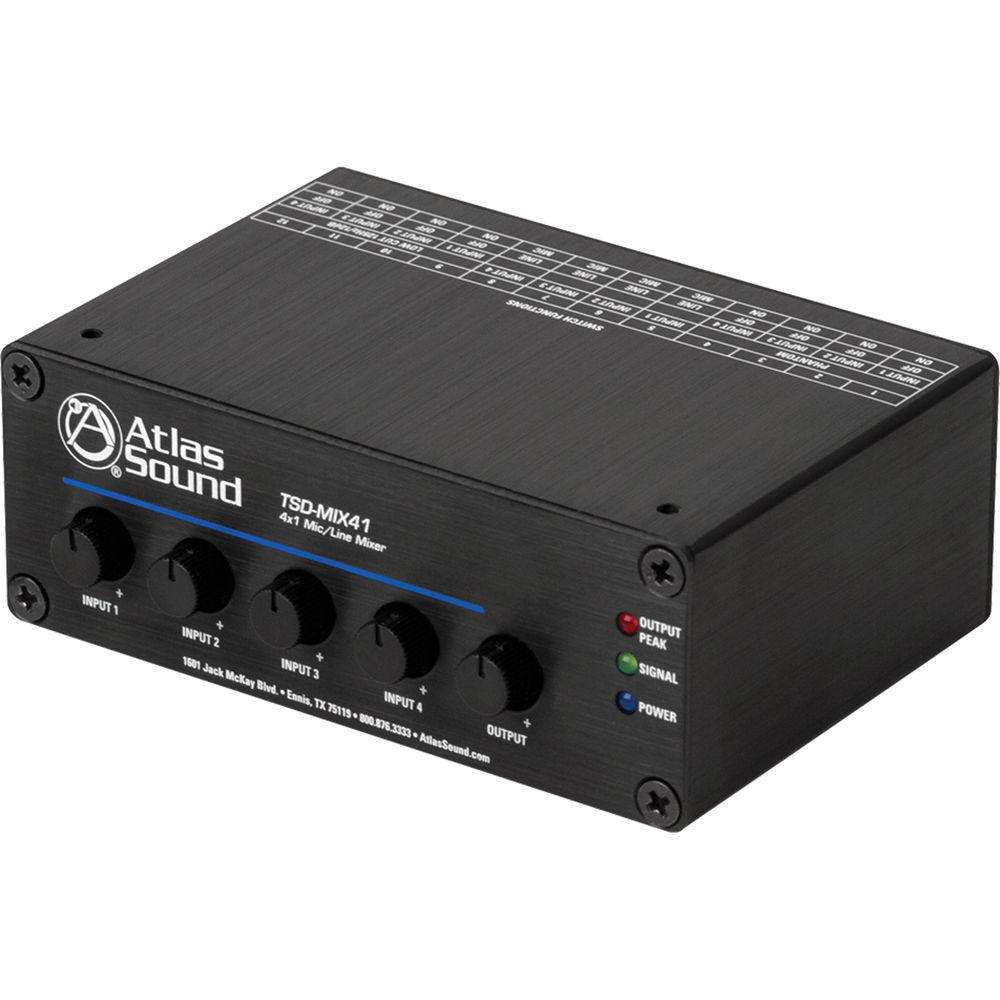 AtlasIED TSD-MIX41 Mezclador Mic/Línea 4x1 con 4 Preamplificadores y Phantom Power 24V