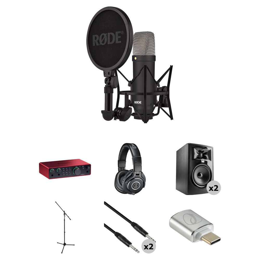 RODE NT1 Microphone Studio Kit con Interfaz Scarlett 2i2, Monitores JBL 305P MkII y Acceso