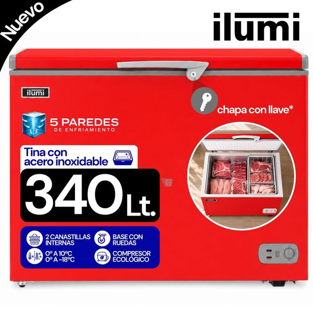 Congelador Horizontal Con Tina De Acero Inoxidable 340Lt Rojo Ilumi  TFI-3400RE