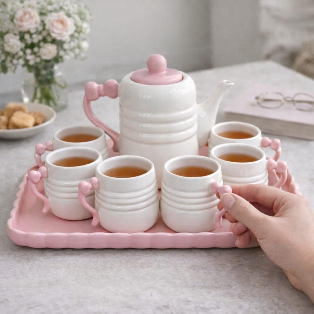 Juego de Té de 8 Piezas de Cerámica Nuvia Rosa   117RS09