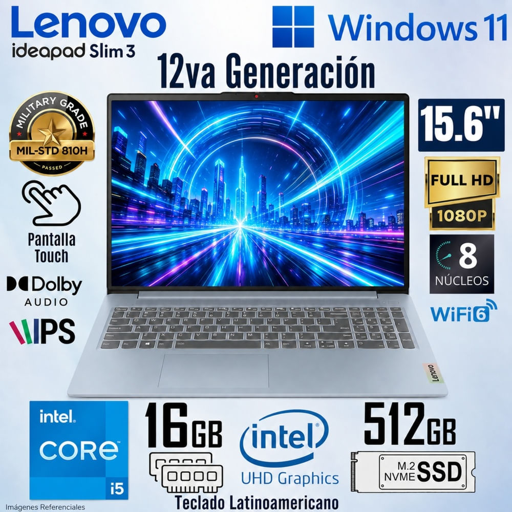 Laptop Lenovo IdeaPad Slim 3  Intel Core i5-12450H 16GB RAM 512GB  15.6 FHD Táctil  83ER00NKLM