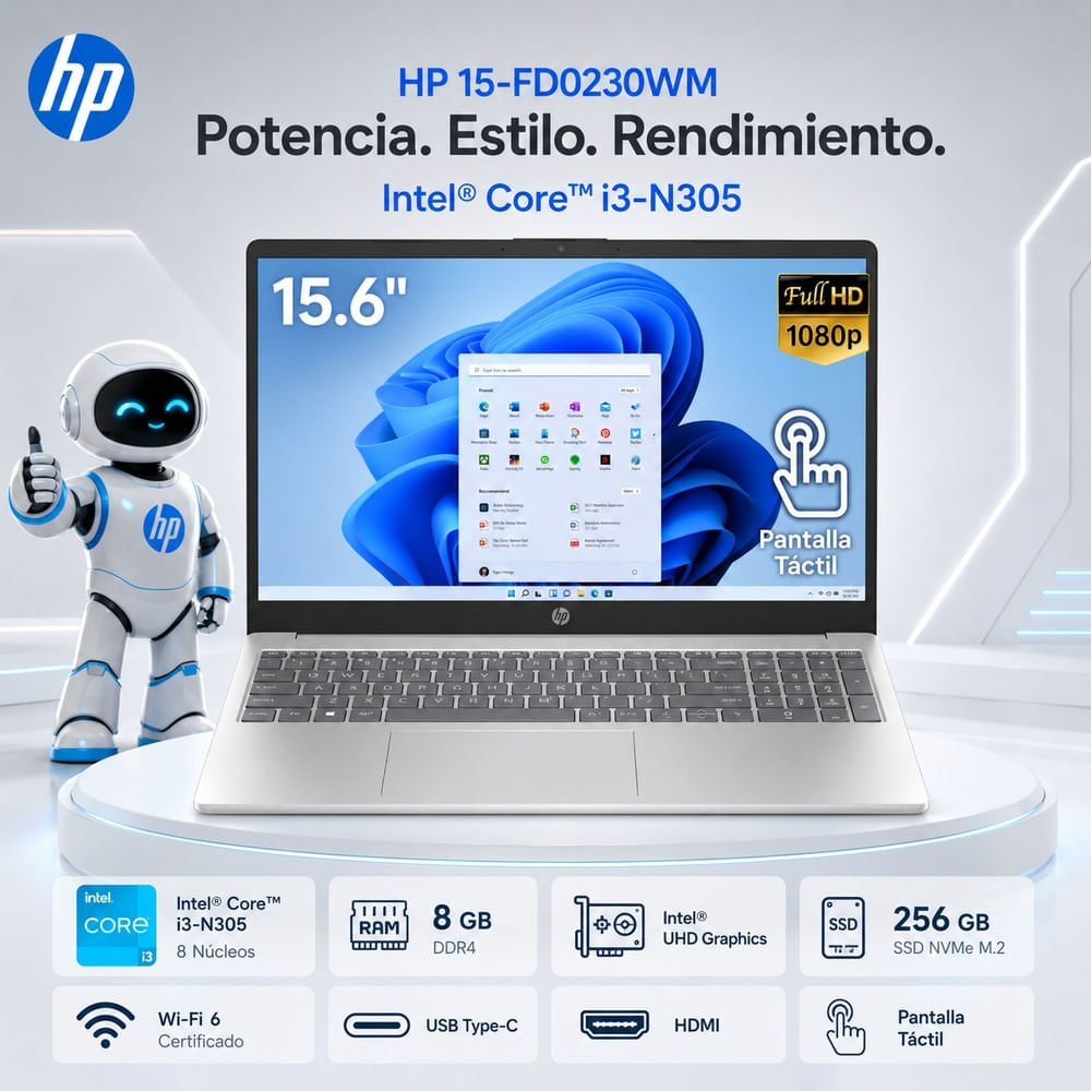 Laptop Notebook HP Táctil 15.6 FHD IPS 60Hz Intel  Core  i3-N305 8GB RAM 256GB SSD   15-FD0230WM