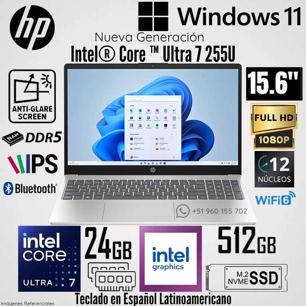 Laptop HP  Intel Core Ultra 7 255U 24GB RAM 512GB SSD 15.6 FHD - Plateado   15-FD2373LA