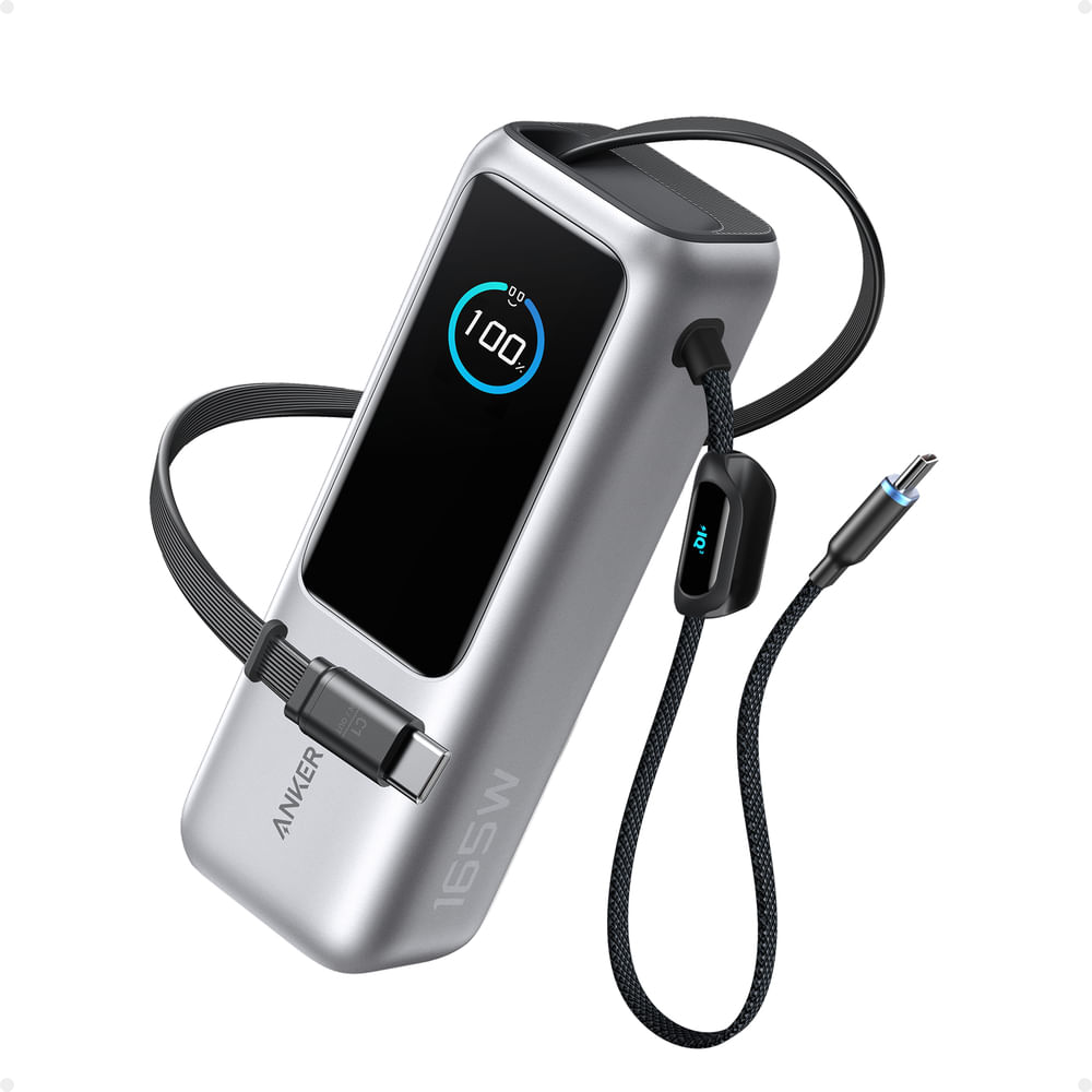 Power Bank Anker 25 000mAh 165W con Cable USB-C Integrado y Retráctil Silver