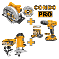 Combo Sierra Circular Ingco 1400W CS18538 con Atornillador 20V CDLI200518 y Ruteadora 600W PLM6001