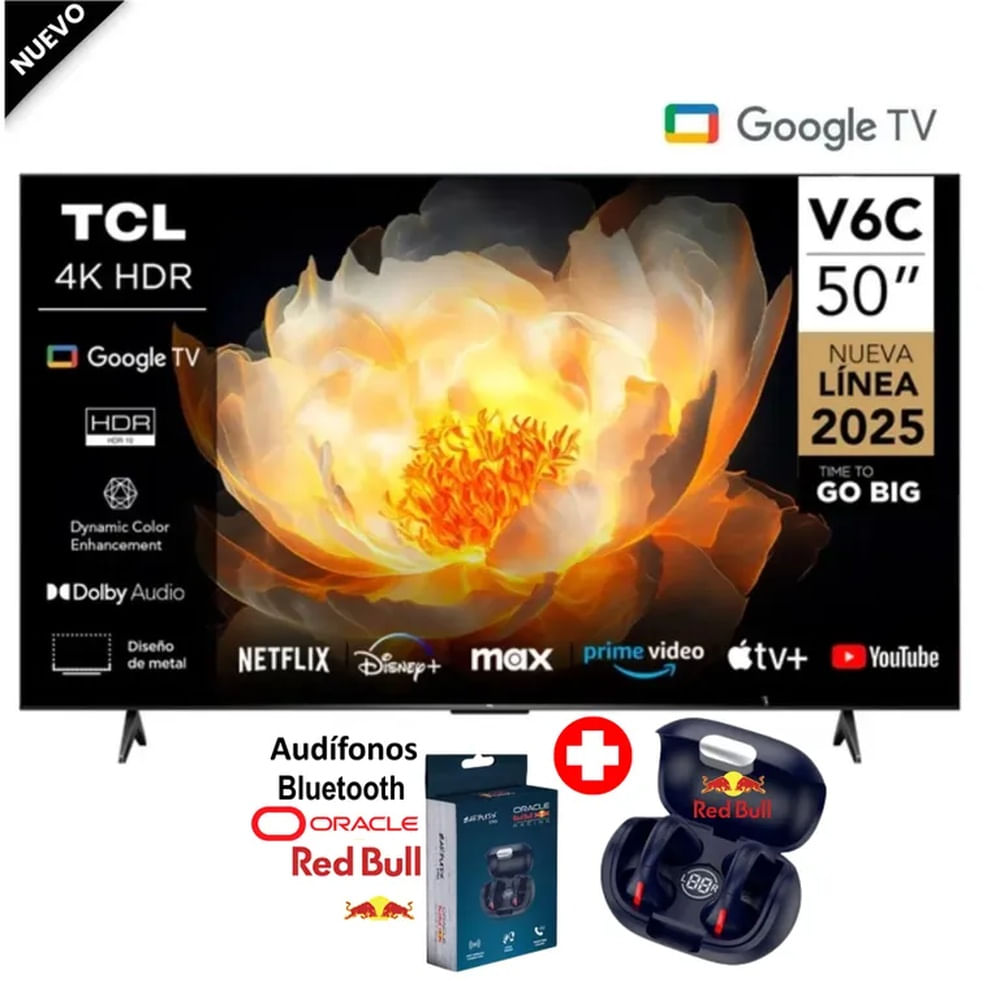 Televisor TCL 50 UHD 4K Smart GOOGLE TV 50V6C MAS Audífono ORACLE Red Bull