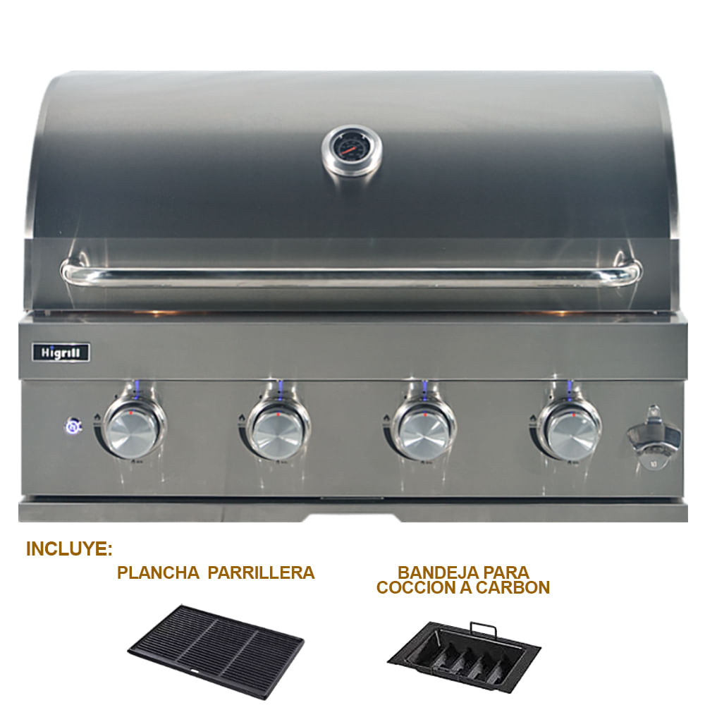 Parrilla A Gas y Carbón 4 Quemadores HIGRILL de Acero Inoxidable con Plancha-Grill de Hierro Fundido