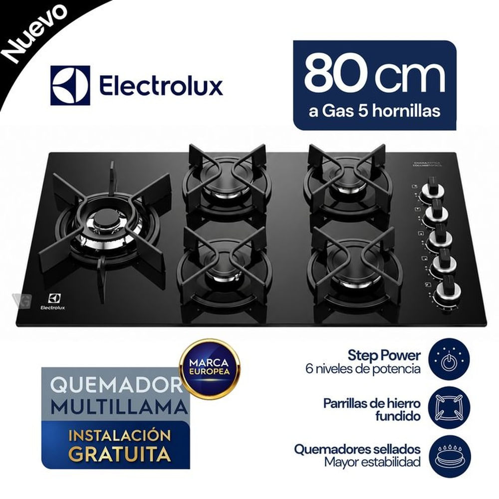 Encimera Electrolux a Gas 5 hornillas 80 cm KE5GW