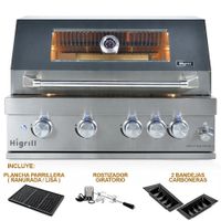 Parrilla A Gas Y Carbón Empotrable HIGRILL de 5 Quemadores Acero Inoxidable con Rostizador y Plancha