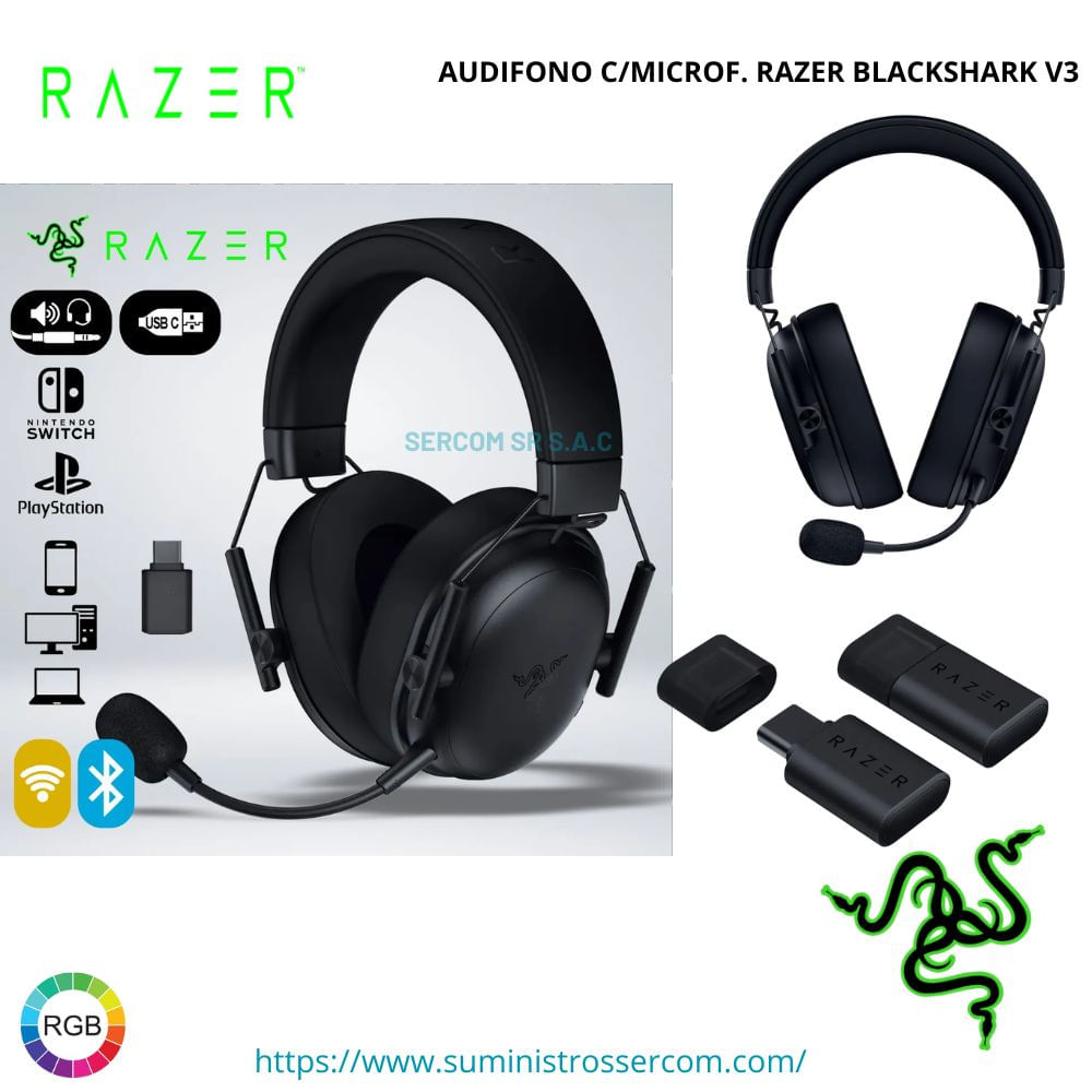 AUDIFONO CMICROF. RAZER BLACKSHARK V3 X HYPERSPEED 70H WIRELESS BT  3.5 MM SMARTSWITCH BLACK
