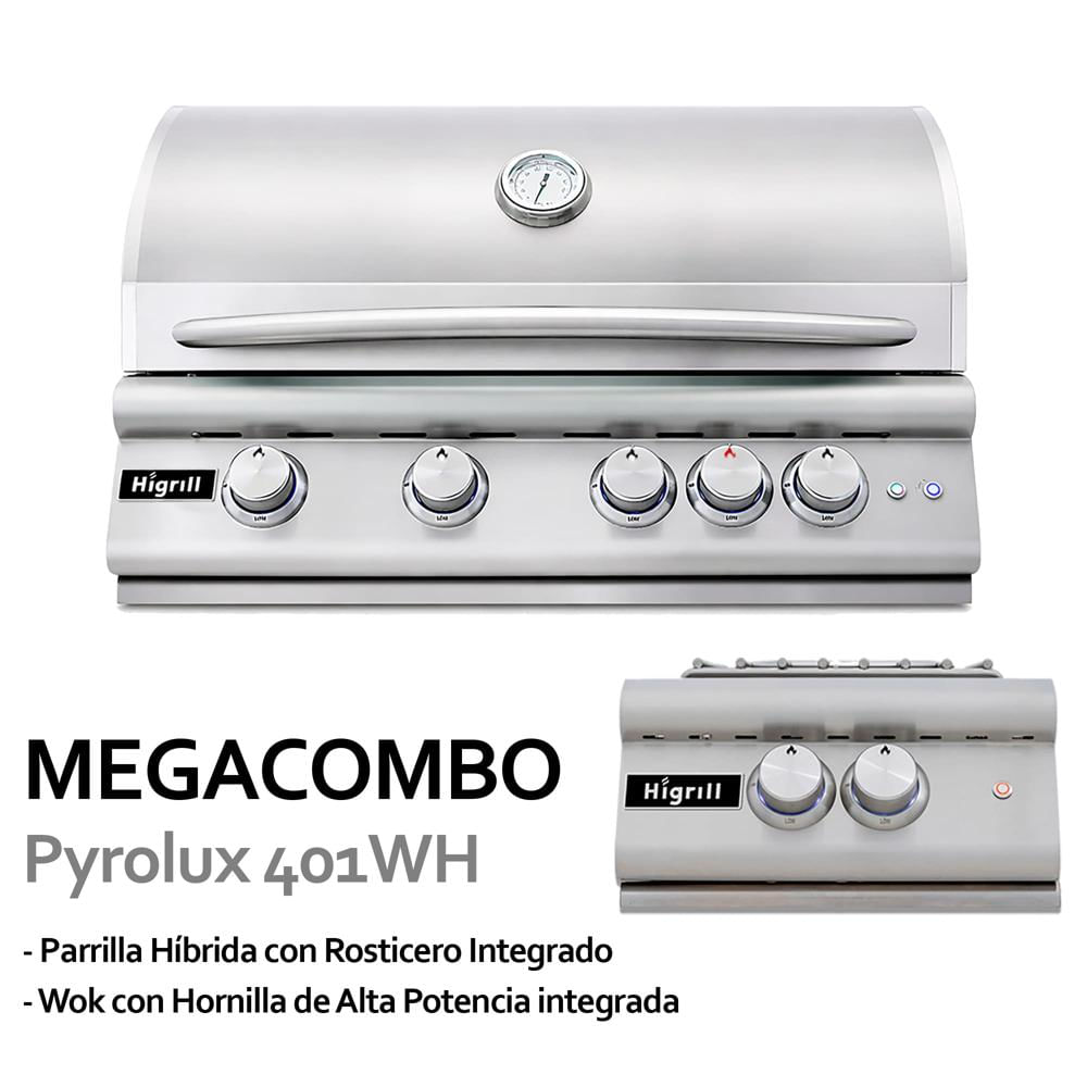 Parrilla A Gas y Carbón de 5 Quemadores Y Wok Hornilla de Alta Potencia Línea de Alta Gama Pyrolux