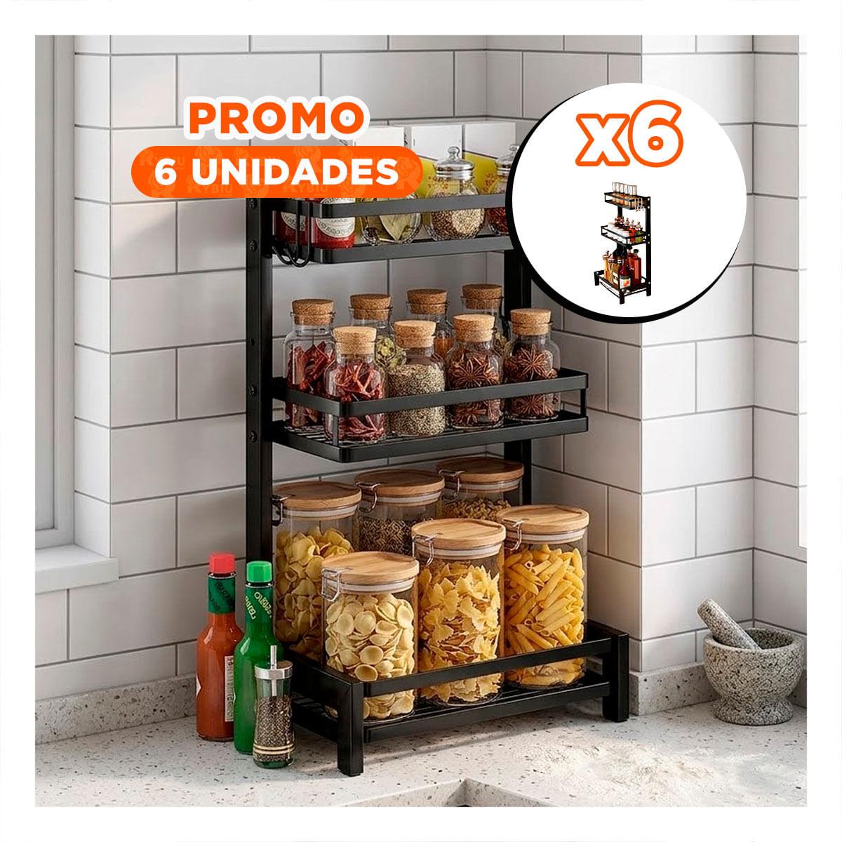 Pack6 Mueble Organizador de Especias Negro con 3 Niveles en Acero Inoxidable Y Papel Regalo