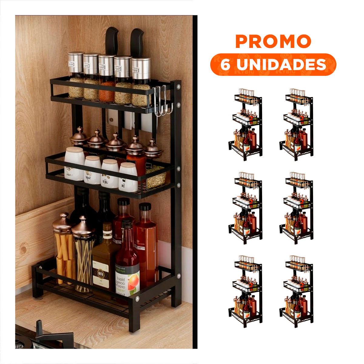 Pack6 Soporte para Frascos de Color Negro con 3 Niveles en Acero Inoxidable