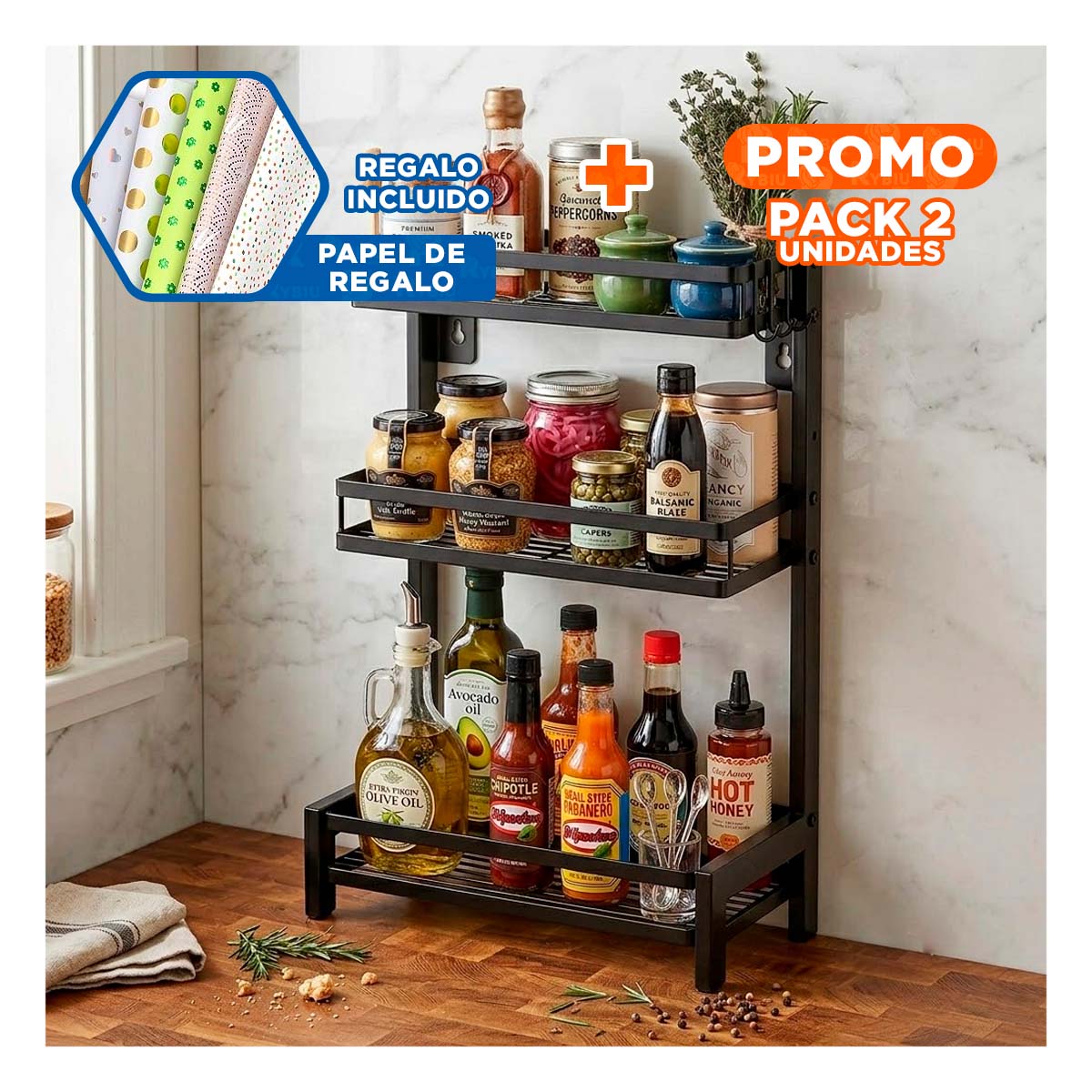 Pack2 Rack de Cocina con 3 Niveles en Acero Inoxidable Acabado Negro YPapel Regalo