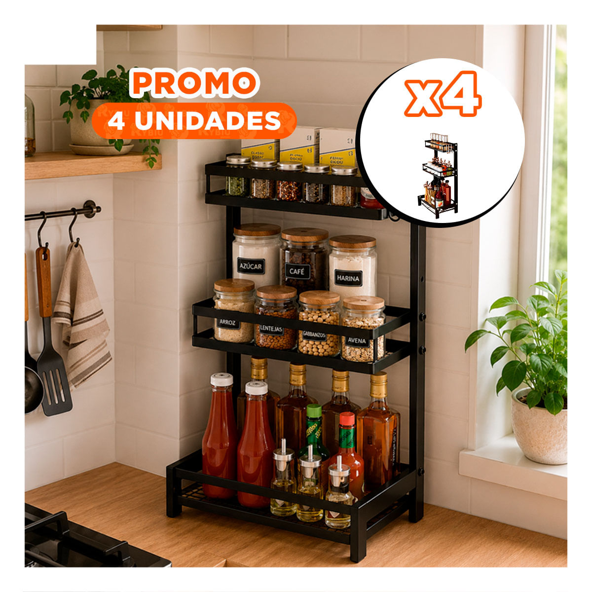 Pack4 Rack de Encimera Negro con 3 Niveles en Acero Inoxidable Durable Y Papel Regalo