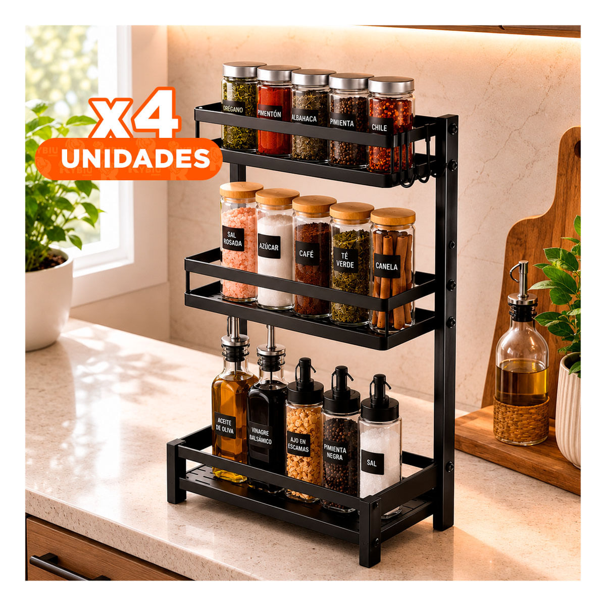 Pack4 Soporte Estilo Moderno Negro en Acero Inoxidable 3 Niveles Y Regalo Sticker