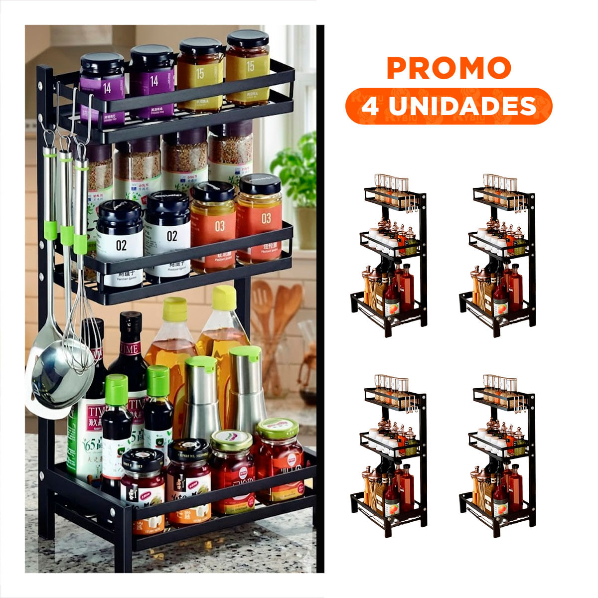 Pack4 Rack Compacto para Especias en Acero Inoxidable de Color Negro 3 Niveles