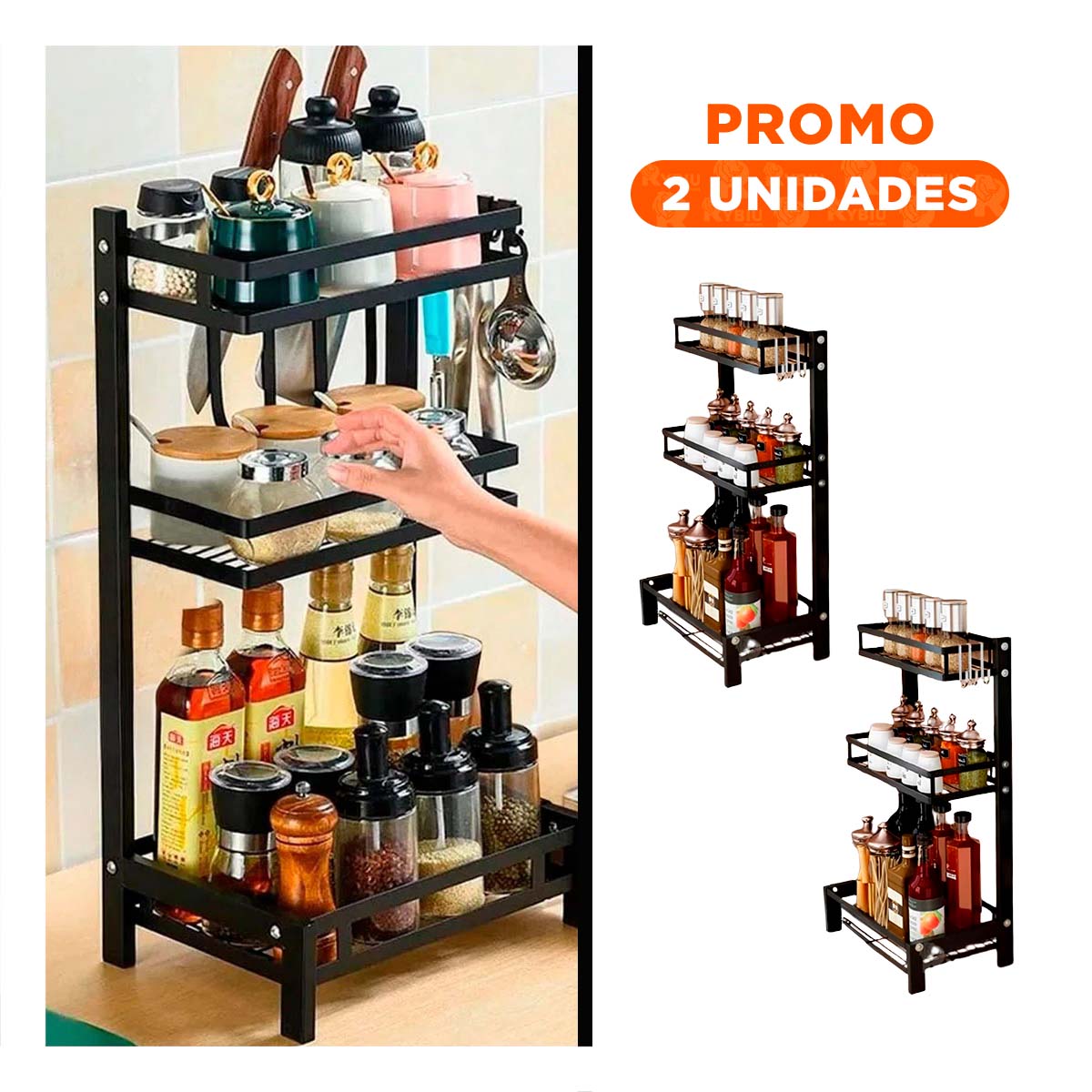 Pack2 Rack para Especias en Acero Inoxidable Negro con Forma Vertical de 3 Niveles