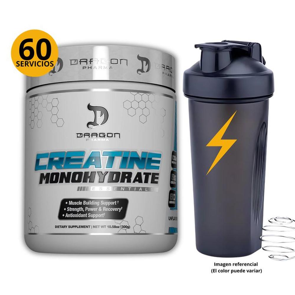 CREATINA DRAGON PHARMA DE 300gr Y SHAKER - MONOHIDRATADA MICRONIZADA Blanco