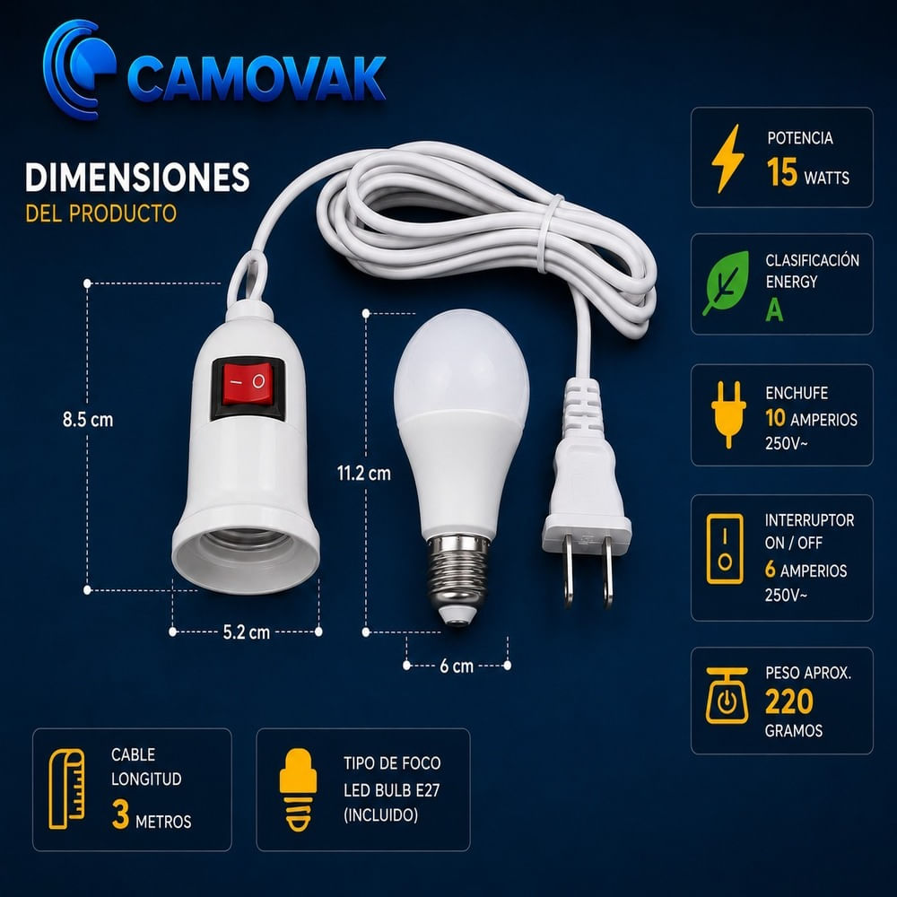PACK EXTENCION DE 3MTS ENCHUFE SOCKET CON INTERRUPTOR MÁS FOCO LED