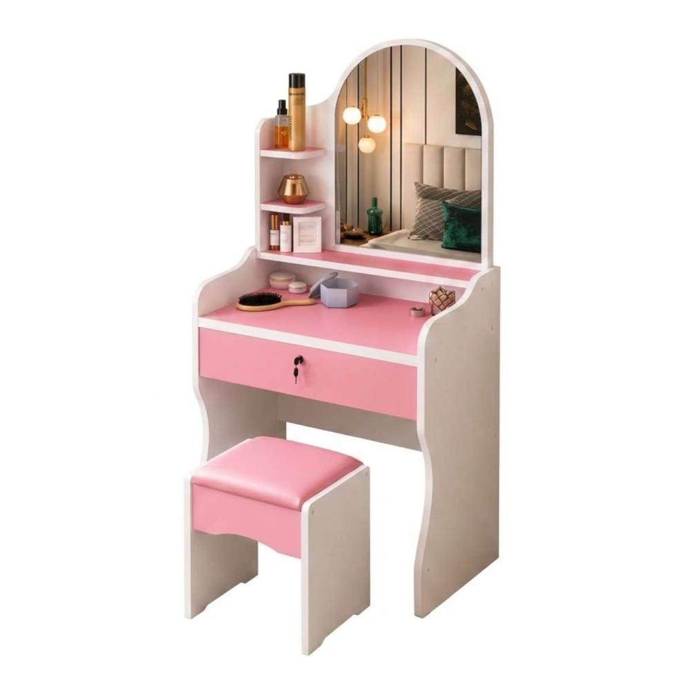 Tocador De Maquillaje Con Espejo Con Taburete Para Dormitorio Rosado 9337