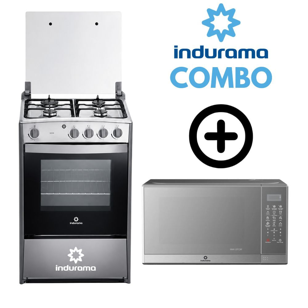COMBO COCINA INDURAMA CORUÑA 4 HORNILLAS CROMA MAS HORNO MICROONDAS INDURAMA 20L MWI 20TCRP CROMA