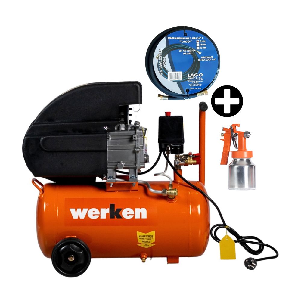 COMBO: Compresora 2HP 24 litros Werken + Pistola de baja presión Werken + Manguera para compresora x 5m Agass