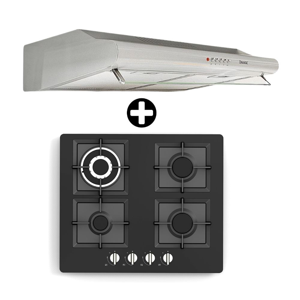 COMBO Orange: Cocina Empotrable Florencia 4H Negro Vidriado 60cm + Campana Extractora 60cm Pari Acero Inoxidable Gris