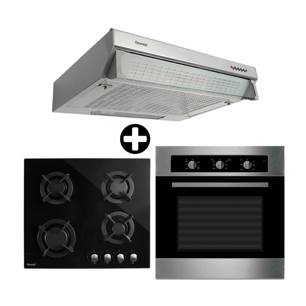 COMBO Orange: Cocina Empotrable vidrio templado 60 cm 4 hornillas + Campana Extractora 60cm Frontal + Horno empotrable a gas H70G 70 litros