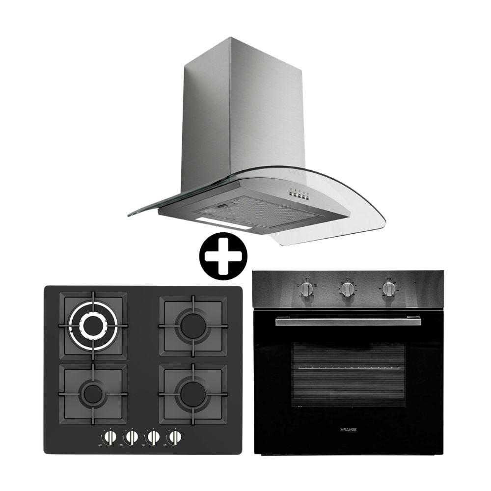 COMBO Orange: Cocina Empotrable Florencia 4H Negro Vidriado 60cm + Campana Decorativa 60cm Amber + Horno empotrable eléctrico H70E 70 litros