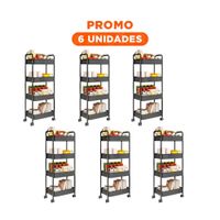 Pack6 Elemento Organizativo de Metal Negro con Cuatro Niveles y Ruedas para Casa