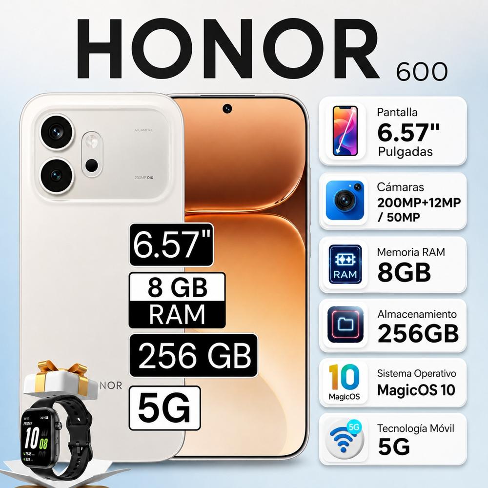 Celular Honor 600 5G 6.57 Pulg 8GB RAM 256GB MagicOS 10 - Dorado Platino