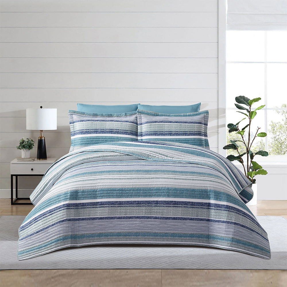 Set Cubrecama Pv27 Print Rayas Azul
