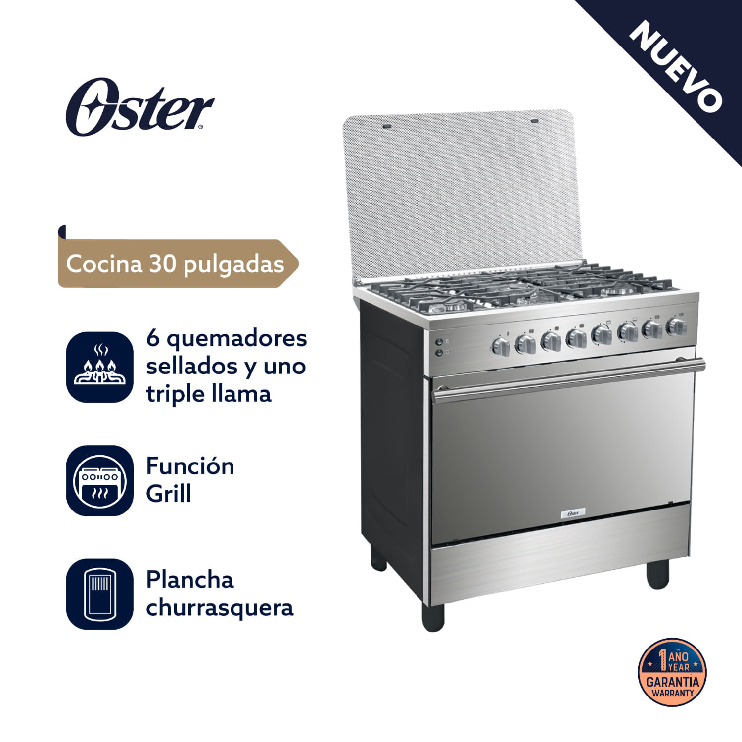 Cocina de Pie a Gas Oster PGSGC30061GISM 6 Quemadores Acero Inoxidable
