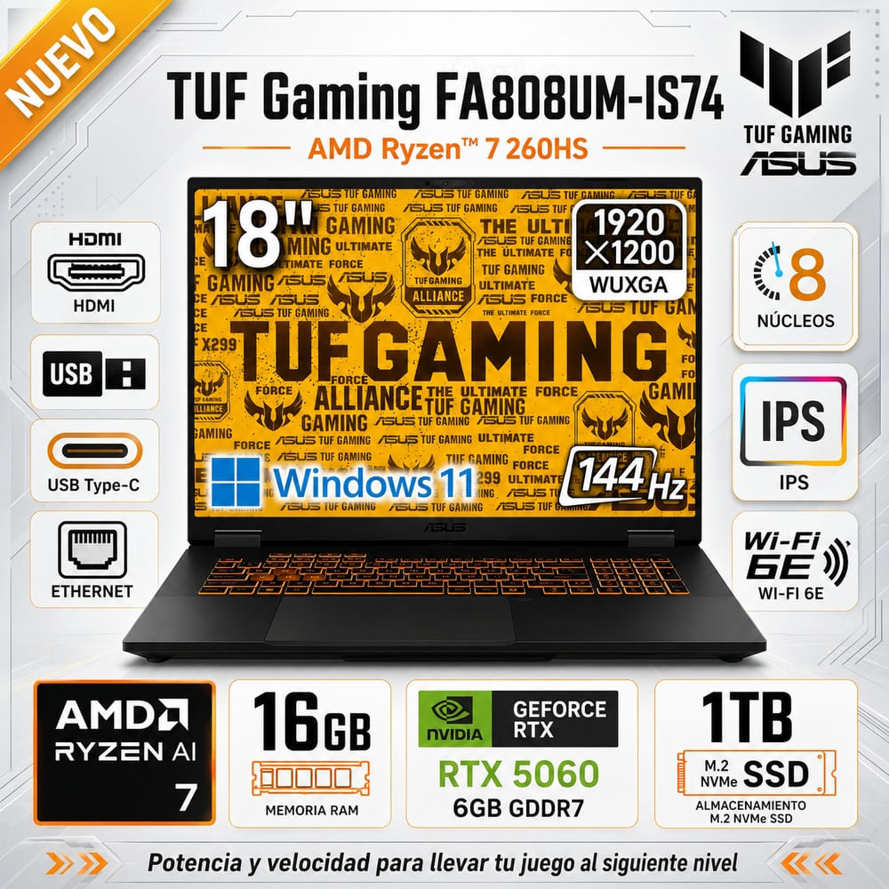 Laptop ASUS TUF A18 Ryzen 7 260HS 16GB RAM 1TB SSD RTX 5060 18  W11 FA808UM-IS74