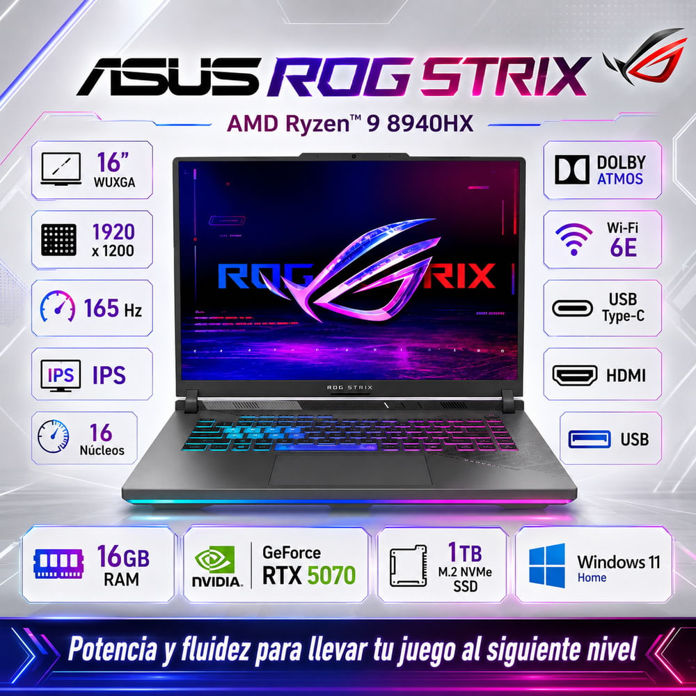 Laptop Gamer ASUS ROG Strix G16 Ryzen 9 8940HX 16GB RAM 1TB SSD RTX 5070 8GB W11 G614PP-WH94