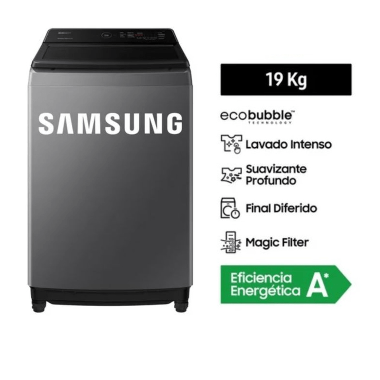 LAVADORA SAMSUNG WA19CG6441BDPE ECOBUBBLE 19KG GRIS OSCURO