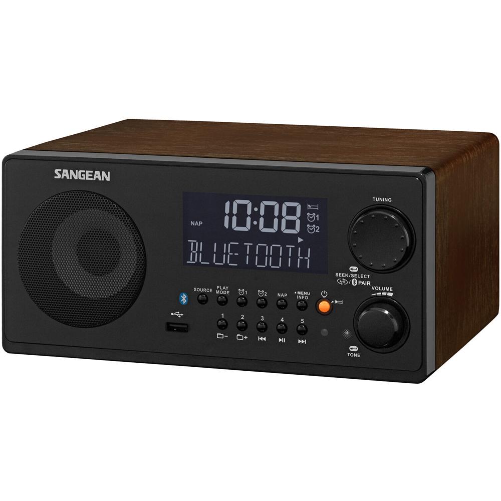 Sangean WR-22 Radio Digital AM/FM con Bluetooth y USB - Madera Nogal, Alarma Doble, 5 Pres