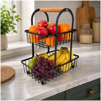 Frutero Organizador de Frutas Verduras 2 Niveles Metal con Asa de Madera